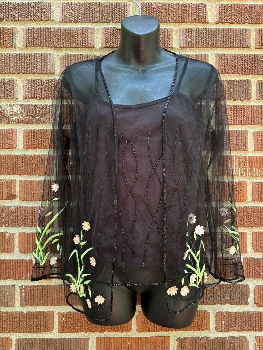 Intro Womens Sz S Embroidered Sheer Top Black Floral Long Sleeve and tank sequin